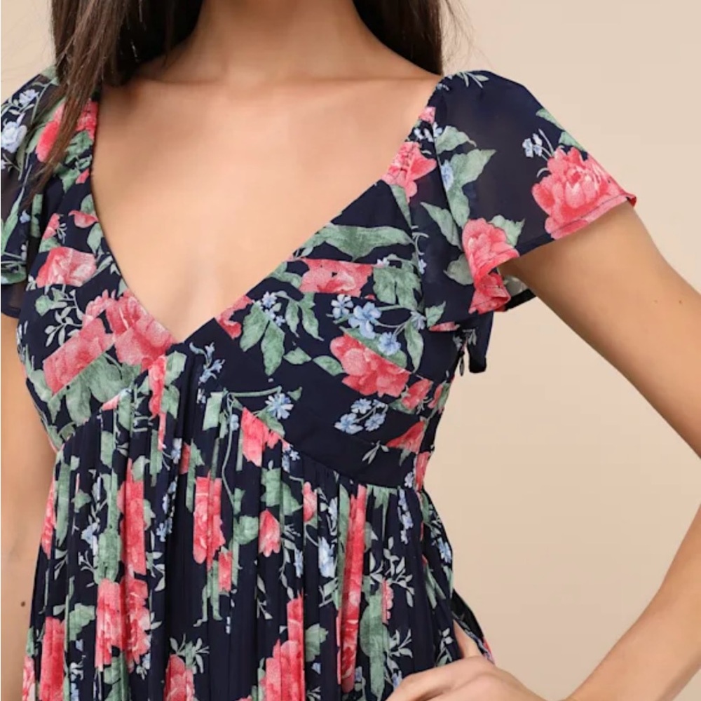 NWT Amalfi Coast Dark Navy Floral Pleated Flutter Sleeve Mini Babydoll Dress XL - Picture 2 of 12